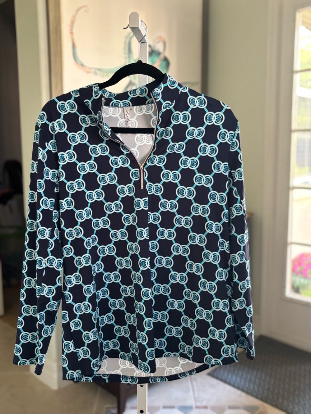 #086 Lulu-B Navy and Aqua Geometric Zip-Front Top